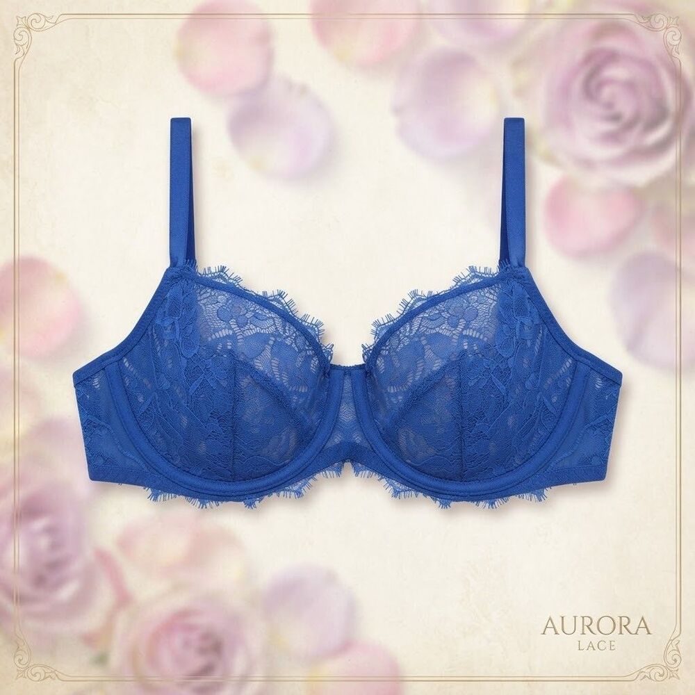 DOBREVA Balconette Underwire Bra Blue Lace Floral Sheer Adjustable 34DDD Support